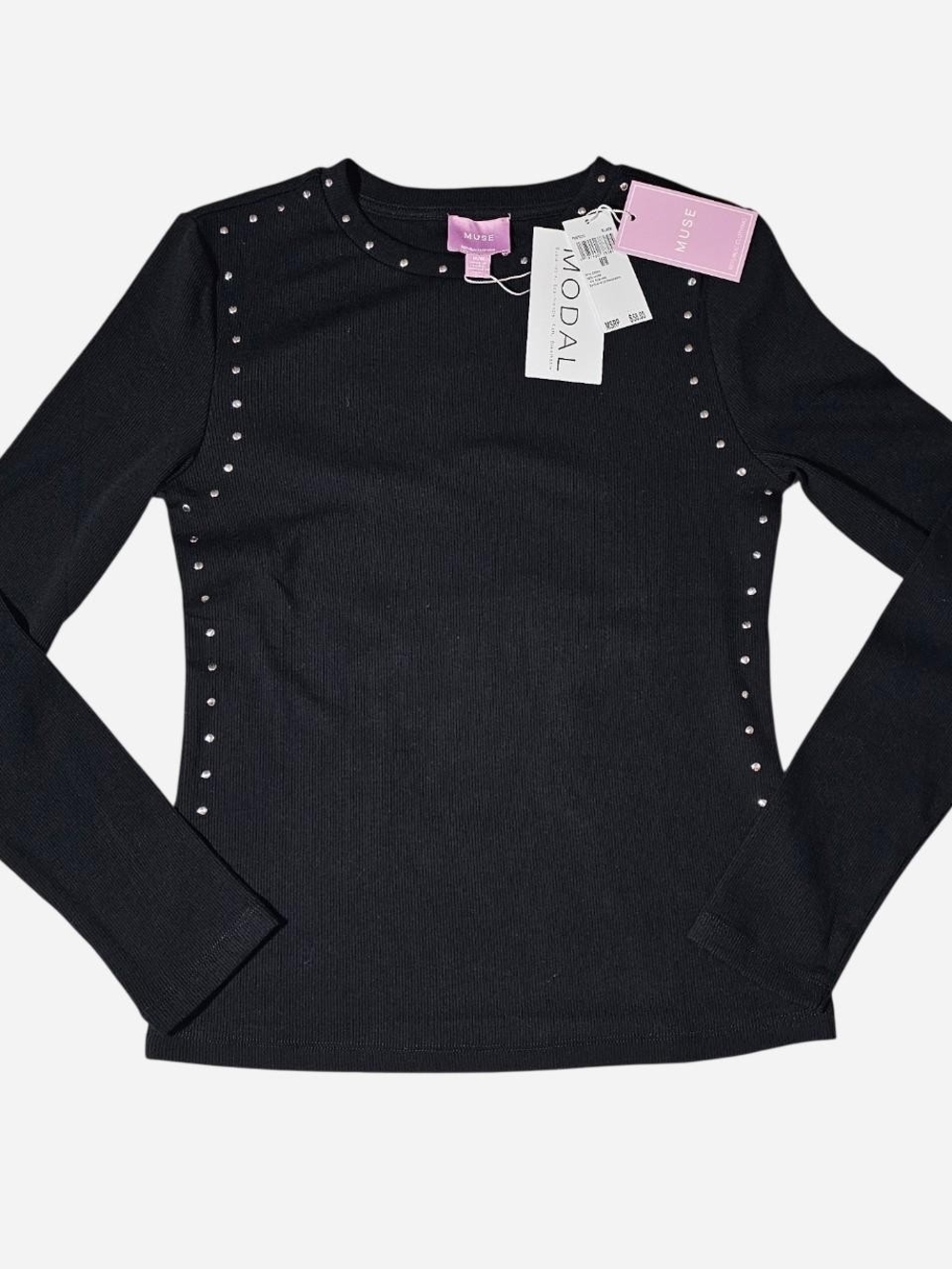MUSE Black Long-Sleeve Studded Knit Top